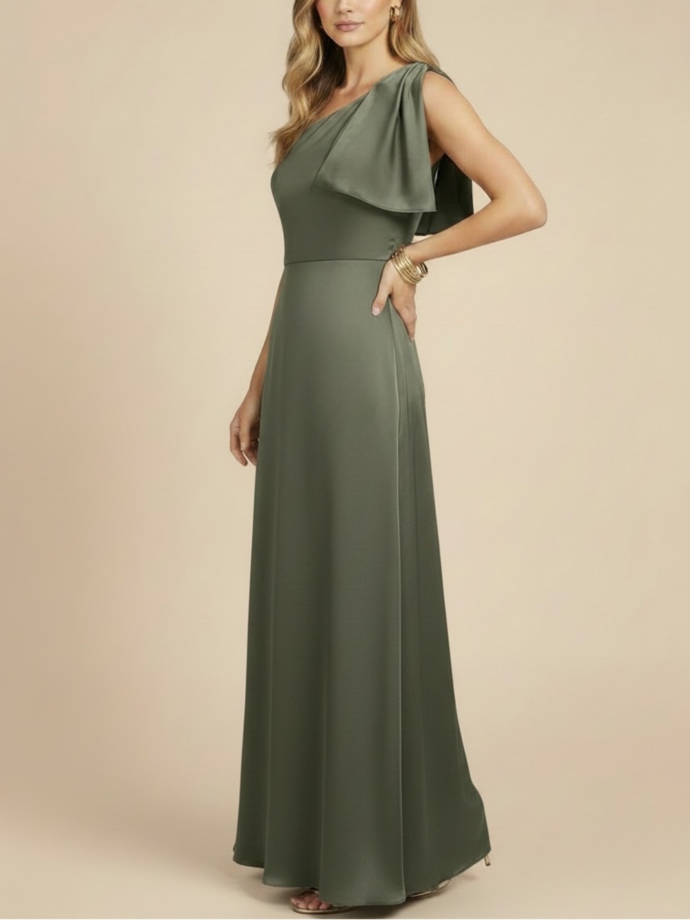 NWT SACHIN AND BABI Moss Green Sleeveless One Shoulder Bow Dress Gown Size 10